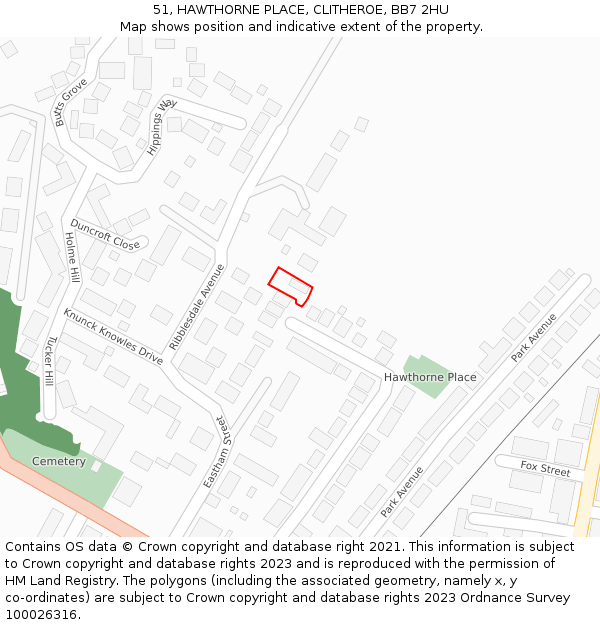 51, HAWTHORNE PLACE, CLITHEROE, BB7 2HU: Location map and indicative extent of plot