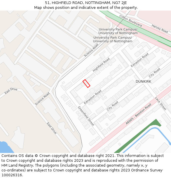 51, HIGHFIELD ROAD, NOTTINGHAM, NG7 2JE: Location map and indicative extent of plot
