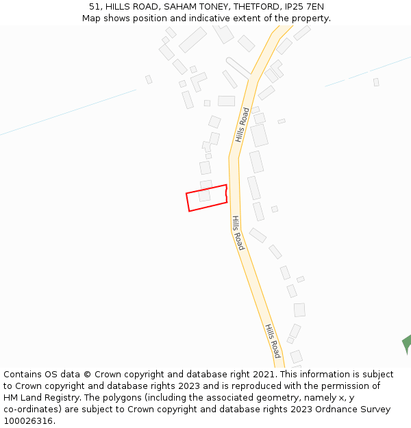 51, HILLS ROAD, SAHAM TONEY, THETFORD, IP25 7EN: Location map and indicative extent of plot