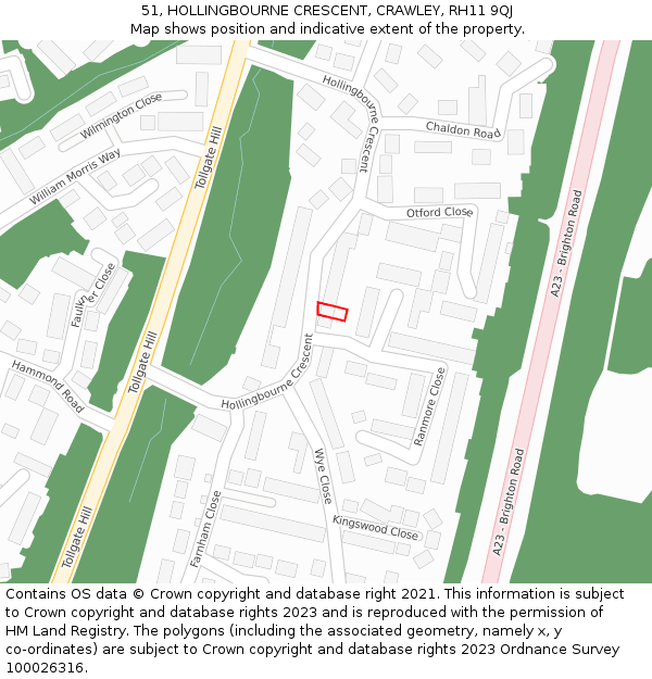 51, HOLLINGBOURNE CRESCENT, CRAWLEY, RH11 9QJ: Location map and indicative extent of plot