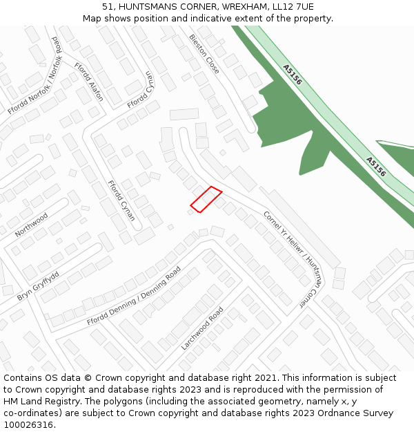 51, HUNTSMANS CORNER, WREXHAM, LL12 7UE: Location map and indicative extent of plot