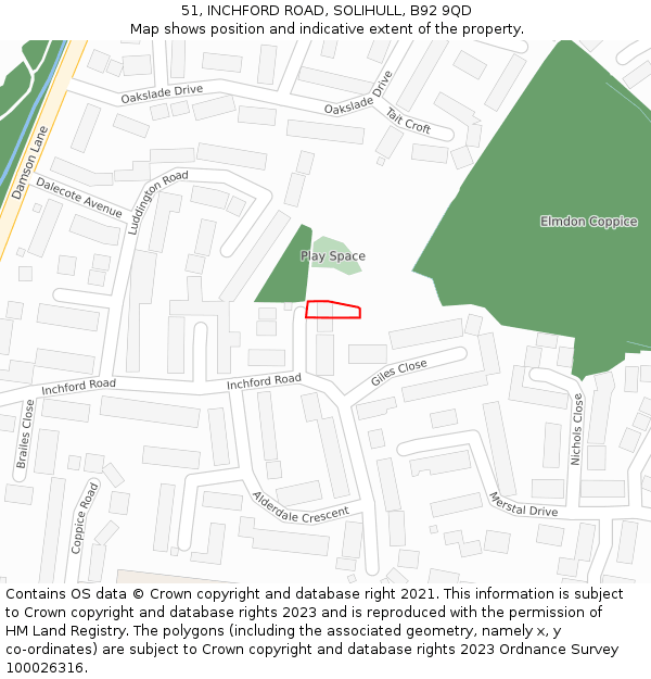 51, INCHFORD ROAD, SOLIHULL, B92 9QD: Location map and indicative extent of plot