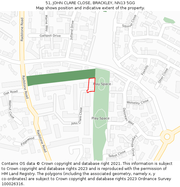 51, JOHN CLARE CLOSE, BRACKLEY, NN13 5GG: Location map and indicative extent of plot