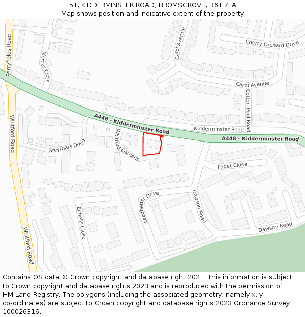 51, KIDDERMINSTER ROAD, BROMSGROVE, B61 7LA: Location map and indicative extent of plot