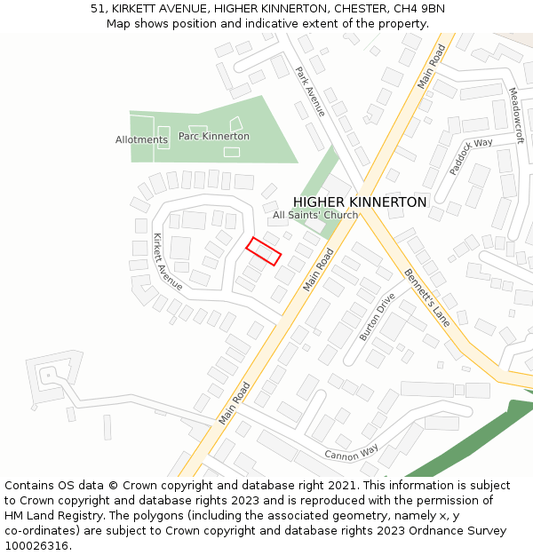 51, KIRKETT AVENUE, HIGHER KINNERTON, CHESTER, CH4 9BN: Location map and indicative extent of plot