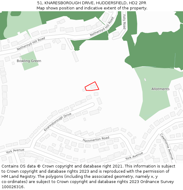 51, KNARESBOROUGH DRIVE, HUDDERSFIELD, HD2 2PR: Location map and indicative extent of plot