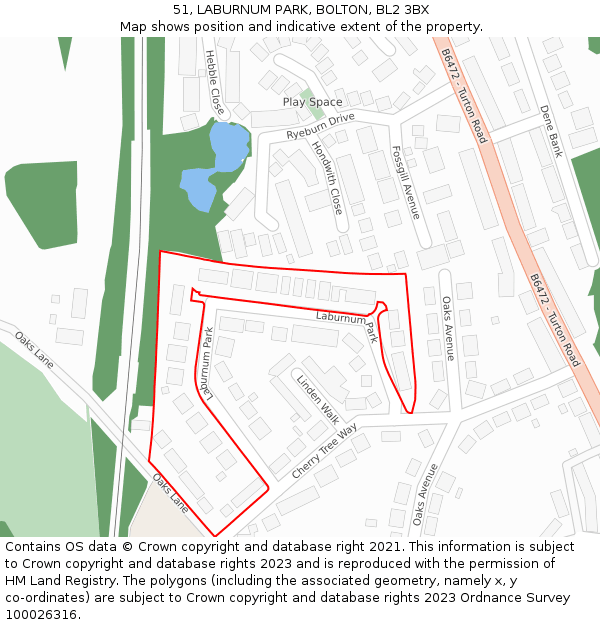 51, LABURNUM PARK, BOLTON, BL2 3BX: Location map and indicative extent of plot