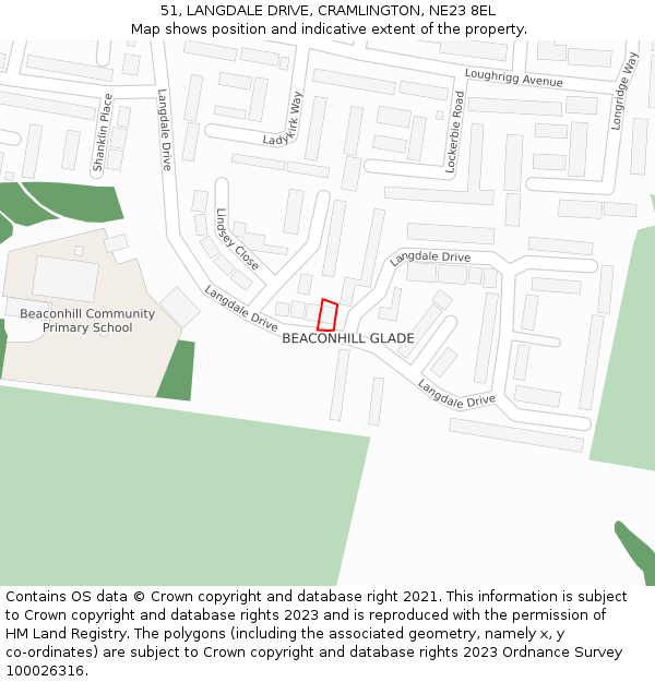 51, LANGDALE DRIVE, CRAMLINGTON, NE23 8EL: Location map and indicative extent of plot
