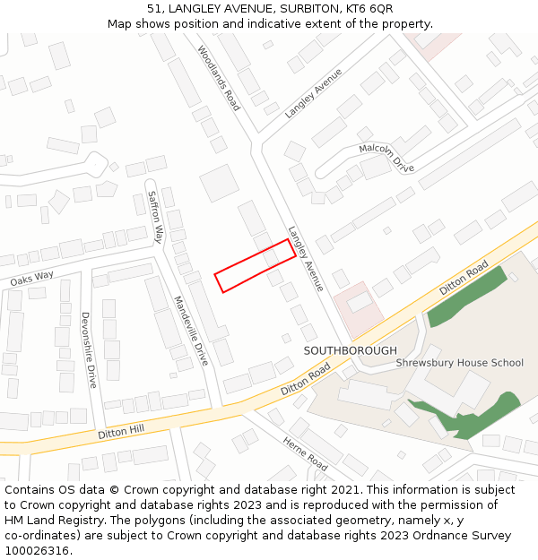 51, LANGLEY AVENUE, SURBITON, KT6 6QR: Location map and indicative extent of plot