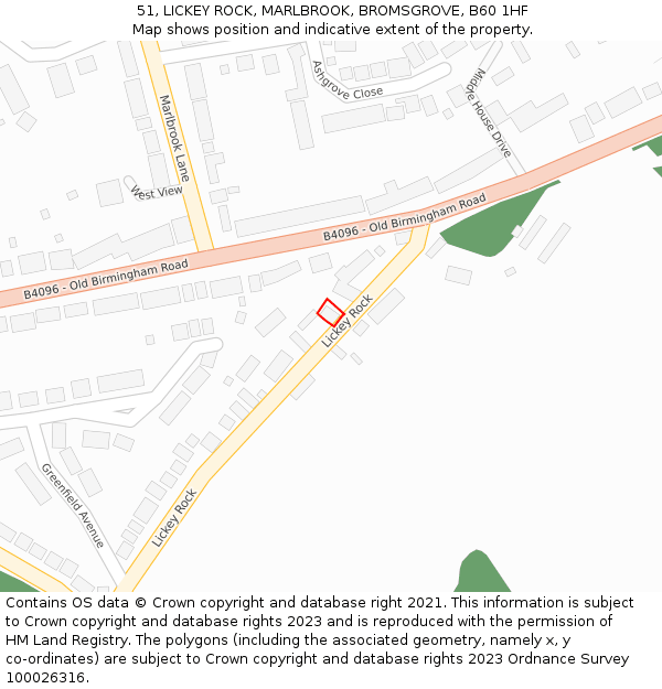 51, LICKEY ROCK, MARLBROOK, BROMSGROVE, B60 1HF: Location map and indicative extent of plot