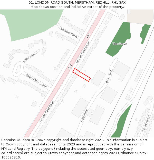 51, LONDON ROAD SOUTH, MERSTHAM, REDHILL, RH1 3AX: Location map and indicative extent of plot