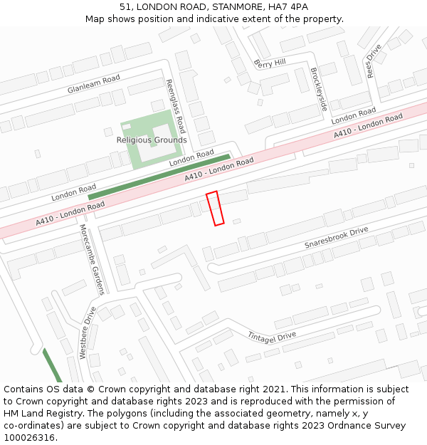 51, LONDON ROAD, STANMORE, HA7 4PA: Location map and indicative extent of plot