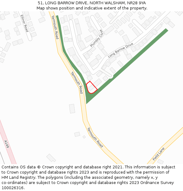 51, LONG BARROW DRIVE, NORTH WALSHAM, NR28 9YA: Location map and indicative extent of plot