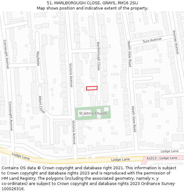 51, MARLBOROUGH CLOSE, GRAYS, RM16 2SU: Location map and indicative extent of plot