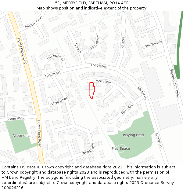 51, MERRYFIELD, FAREHAM, PO14 4SF: Location map and indicative extent of plot