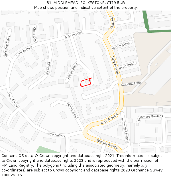 51, MIDDLEMEAD, FOLKESTONE, CT19 5UB: Location map and indicative extent of plot