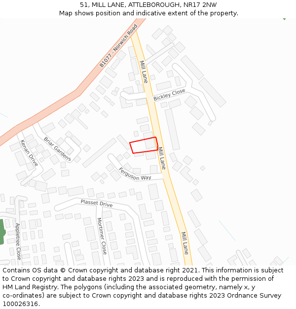 51, MILL LANE, ATTLEBOROUGH, NR17 2NW: Location map and indicative extent of plot