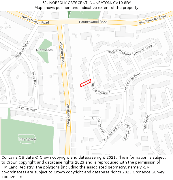 51, NORFOLK CRESCENT, NUNEATON, CV10 8BY: Location map and indicative extent of plot