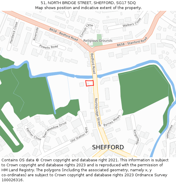 51, NORTH BRIDGE STREET, SHEFFORD, SG17 5DQ: Location map and indicative extent of plot