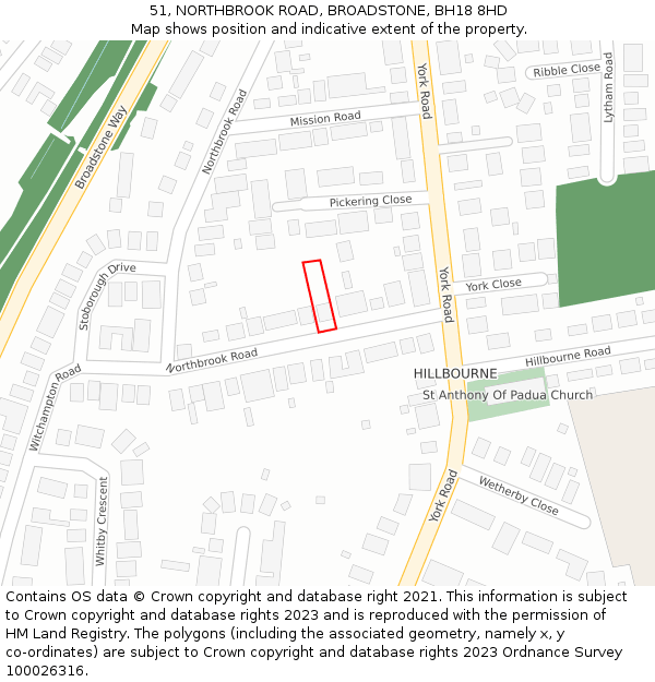 51, NORTHBROOK ROAD, BROADSTONE, BH18 8HD: Location map and indicative extent of plot