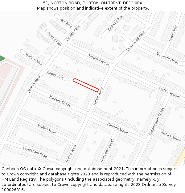 51, NORTON ROAD, BURTON-ON-TRENT, DE13 0PX: Location map and indicative extent of plot