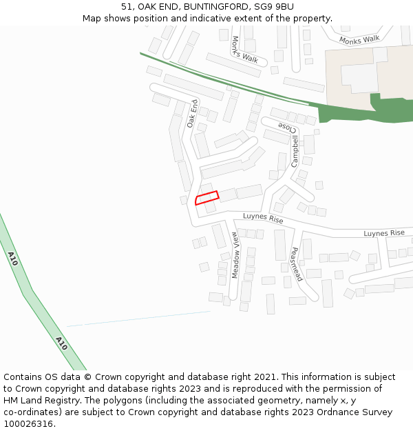 51, OAK END, BUNTINGFORD, SG9 9BU: Location map and indicative extent of plot