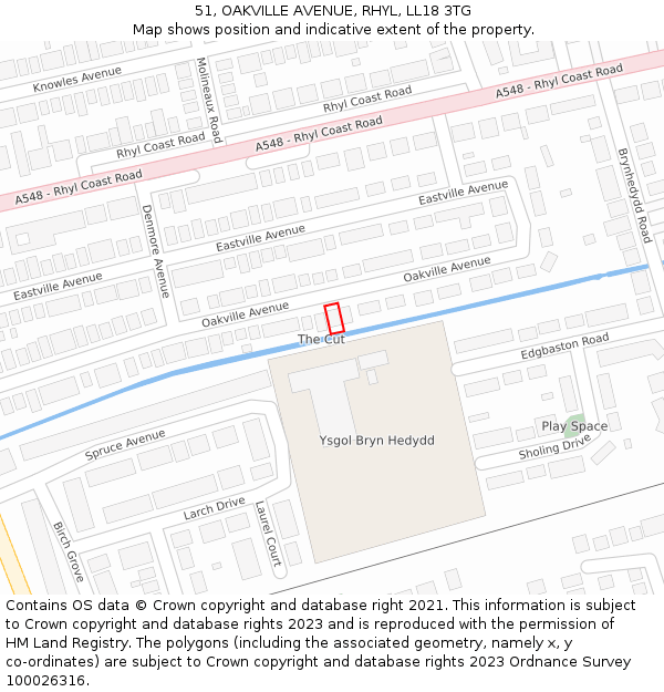 51, OAKVILLE AVENUE, RHYL, LL18 3TG: Location map and indicative extent of plot