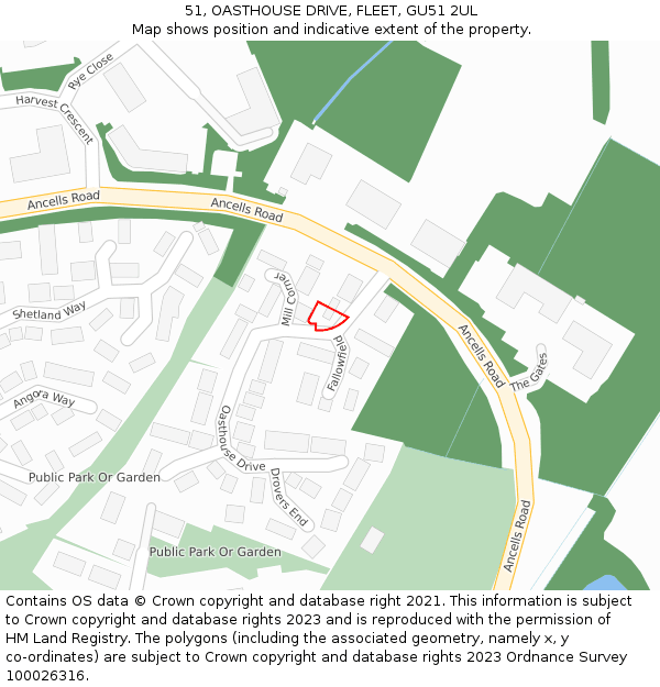 51, OASTHOUSE DRIVE, FLEET, GU51 2UL: Location map and indicative extent of plot