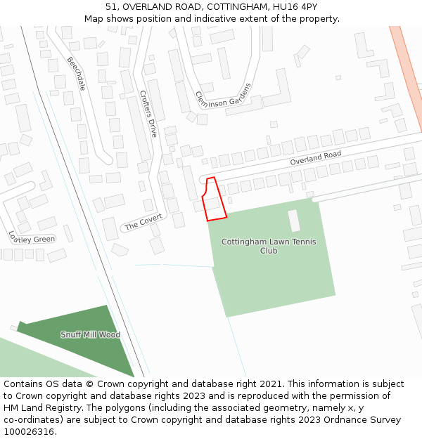 51, OVERLAND ROAD, COTTINGHAM, HU16 4PY: Location map and indicative extent of plot