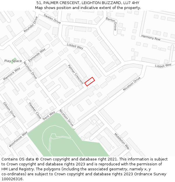 51, PALMER CRESCENT, LEIGHTON BUZZARD, LU7 4HY: Location map and indicative extent of plot