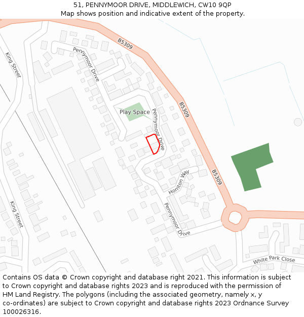 51, PENNYMOOR DRIVE, MIDDLEWICH, CW10 9QP: Location map and indicative extent of plot