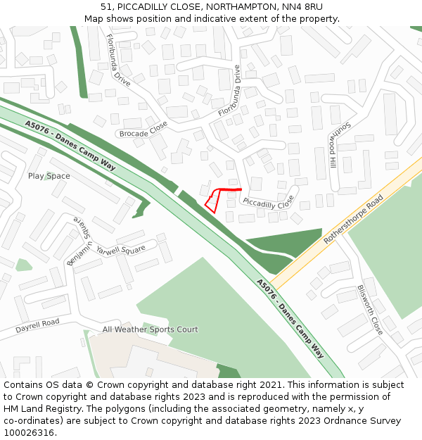 51, PICCADILLY CLOSE, NORTHAMPTON, NN4 8RU: Location map and indicative extent of plot