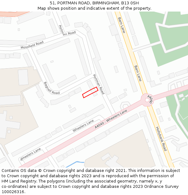 51, PORTMAN ROAD, BIRMINGHAM, B13 0SH: Location map and indicative extent of plot