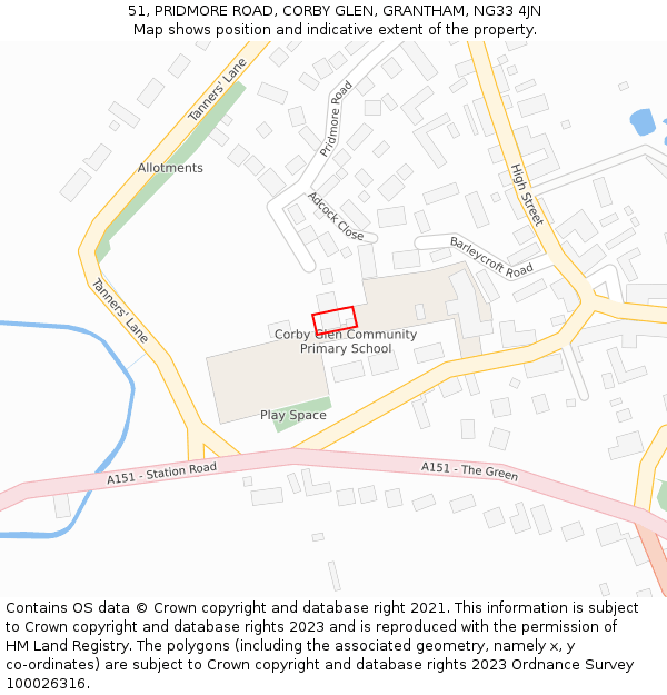 51, PRIDMORE ROAD, CORBY GLEN, GRANTHAM, NG33 4JN: Location map and indicative extent of plot