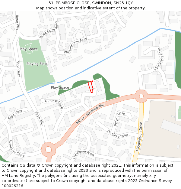 51, PRIMROSE CLOSE, SWINDON, SN25 1QY: Location map and indicative extent of plot