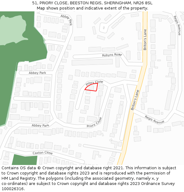 51, PRIORY CLOSE, BEESTON REGIS, SHERINGHAM, NR26 8SL: Location map and indicative extent of plot