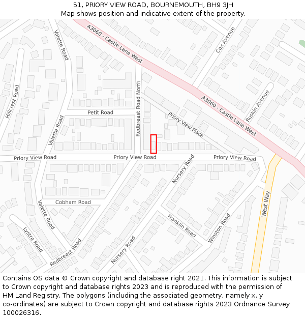 51, PRIORY VIEW ROAD, BOURNEMOUTH, BH9 3JH: Location map and indicative extent of plot