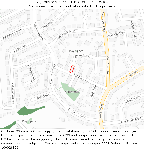 51, ROBSONS DRIVE, HUDDERSFIELD, HD5 9JW: Location map and indicative extent of plot
