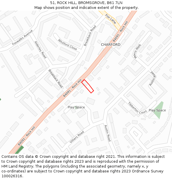 51, ROCK HILL, BROMSGROVE, B61 7LN: Location map and indicative extent of plot