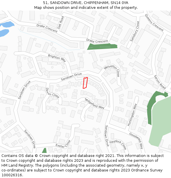 51, SANDOWN DRIVE, CHIPPENHAM, SN14 0YA: Location map and indicative extent of plot