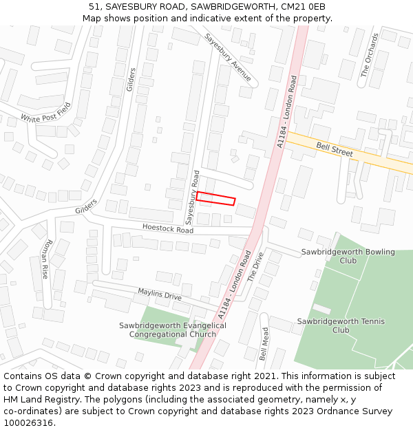 51, SAYESBURY ROAD, SAWBRIDGEWORTH, CM21 0EB: Location map and indicative extent of plot