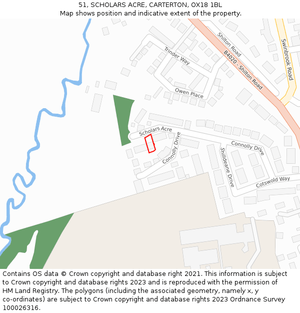 51, SCHOLARS ACRE, CARTERTON, OX18 1BL: Location map and indicative extent of plot