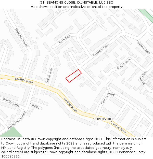 51, SEAMONS CLOSE, DUNSTABLE, LU6 3EQ: Location map and indicative extent of plot