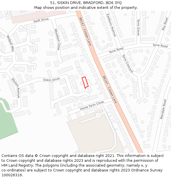 51, SISKIN DRIVE, BRADFORD, BD6 3YQ: Location map and indicative extent of plot