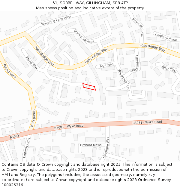 51, SORREL WAY, GILLINGHAM, SP8 4TP: Location map and indicative extent of plot