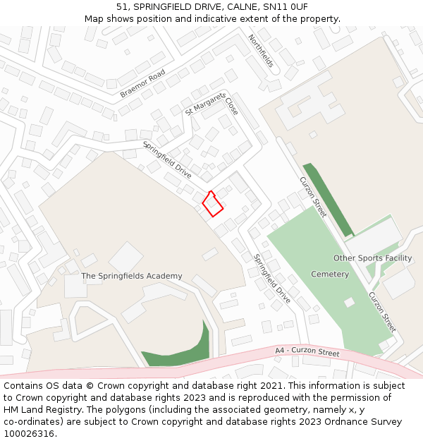 51, SPRINGFIELD DRIVE, CALNE, SN11 0UF: Location map and indicative extent of plot