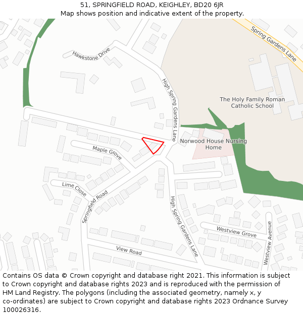 51, SPRINGFIELD ROAD, KEIGHLEY, BD20 6JR: Location map and indicative extent of plot