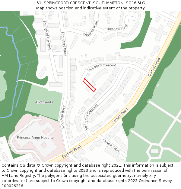 51, SPRINGFORD CRESCENT, SOUTHAMPTON, SO16 5LG: Location map and indicative extent of plot