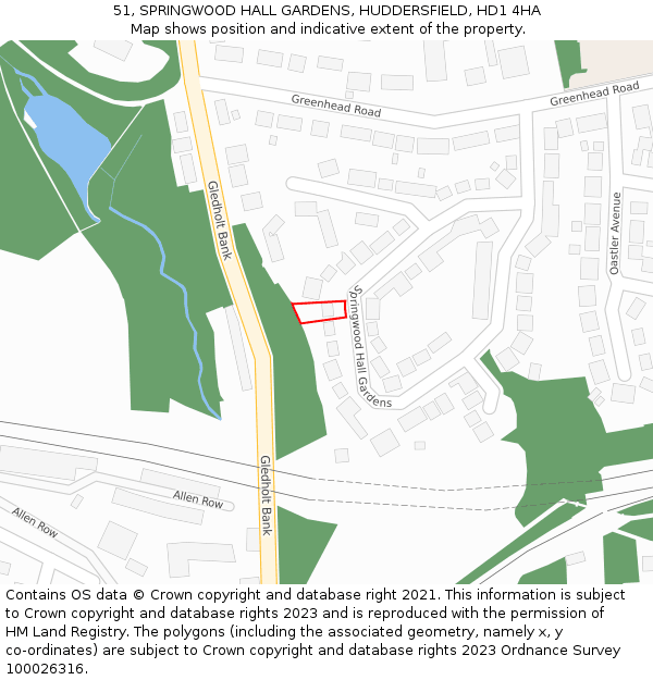 51, SPRINGWOOD HALL GARDENS, HUDDERSFIELD, HD1 4HA: Location map and indicative extent of plot