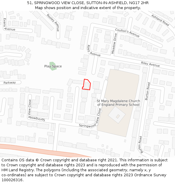 51, SPRINGWOOD VIEW CLOSE, SUTTON-IN-ASHFIELD, NG17 2HR: Location map and indicative extent of plot